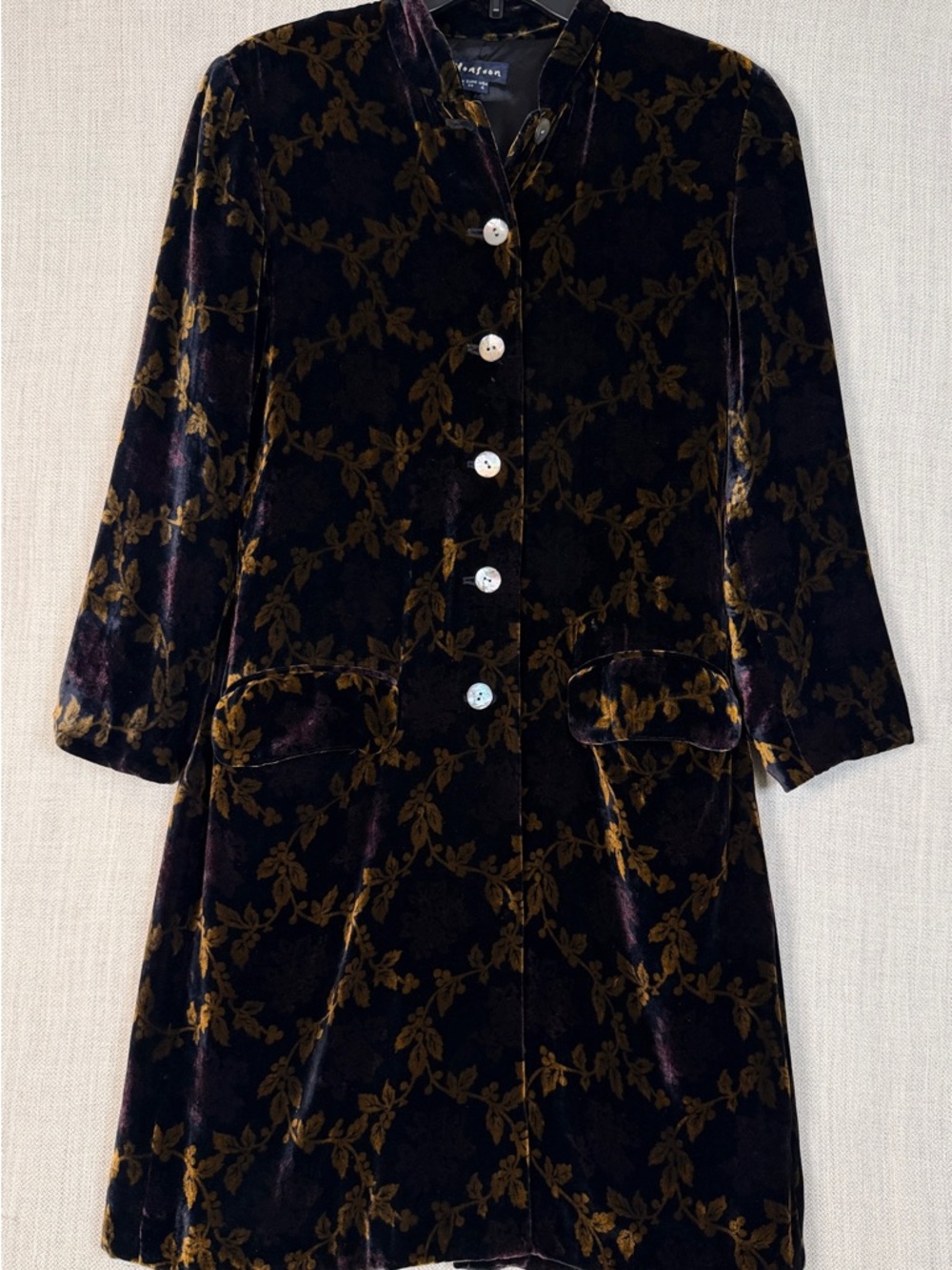 Monsoon Black Velvet Floral Lined Coat with Gold and Deep Purple Accents